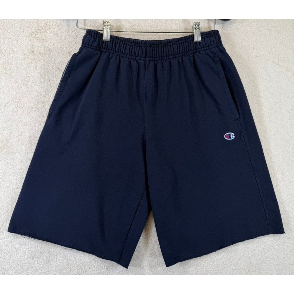 Champion‎ Mens Fleece Athletic Shorts Navy Blue Raw Hem Elastic Waist Pockets M